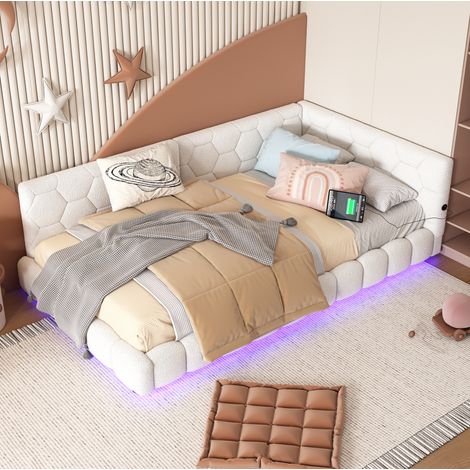 DESVIAE Lit de jour 90 x 200 cm canapé lit avec éclairage d ambiance led 16 couleurs port usb type c structure mdf et velours blanc pour chambre et salon (1/5)