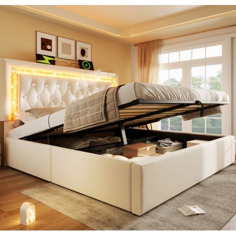 Cama doble tapizada 160x200 cm con colchón, LED, USB-C, arcón hidráulico y somier beige (1/5)