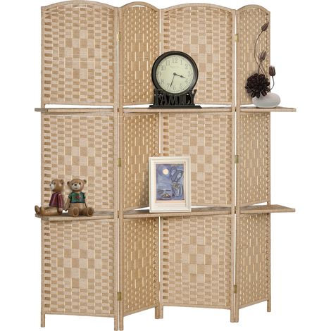 Homcom – Paravent pliable 4 panneaux 160 x 170 cm – Bois de pin naturel – 2 étagères – Cloison de séparation pour bureau, salon, chambre