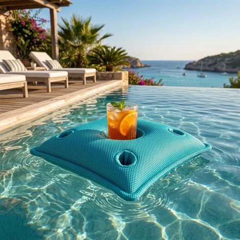 Soo Santaï Pool Party coussin bar 75x75x25cm, 4 trous verre et 1 trou bouteille, resistant aux UV, Vert, sans polystyrène