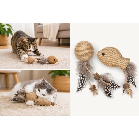 Jouet pour Chat - Poisson Marron avec Balle en Matatabi et Jute avec Plumes 15cm (1/5)
