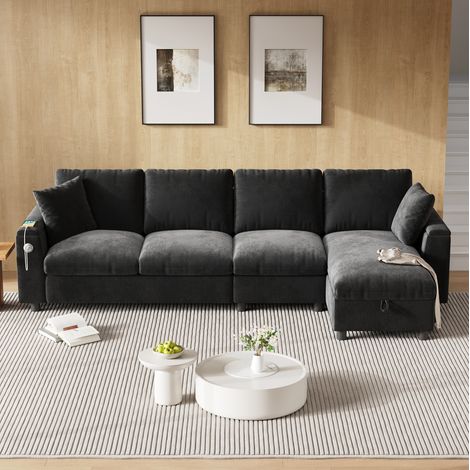 Canapé d’angle en chenille avec rangement, tablette rabattable USB/Type-C, 280 cm gris (1/5)