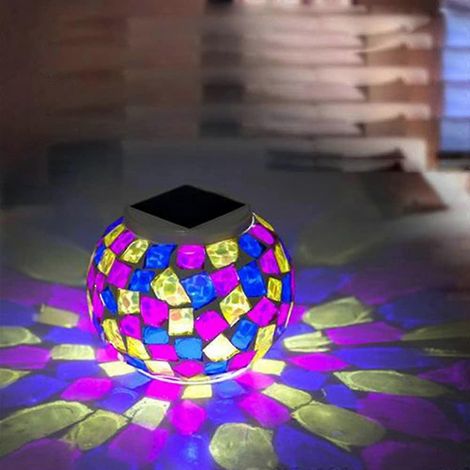 Lampe solaire étanche en mosaïque de verre à changement de couleur pour jardin, intérieur et extérieur. Lampe de table décorative, idéale pour la décoration intérieure et extérieure. (1/2)
