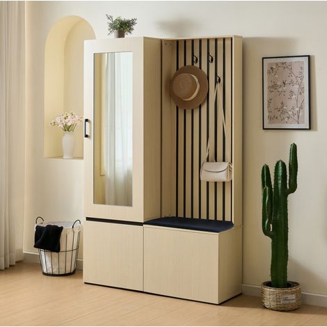 Mobile ingresso con specchio e panca, porta scarpe, 4 ganci, MDF effetto legno (1/5)