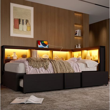 Letto bambini 90x200 cm in metallo con letto aggiuntivo, vani portaoggetti, illuminazione LED e porte USB, senza materasso, nero (1/5)
