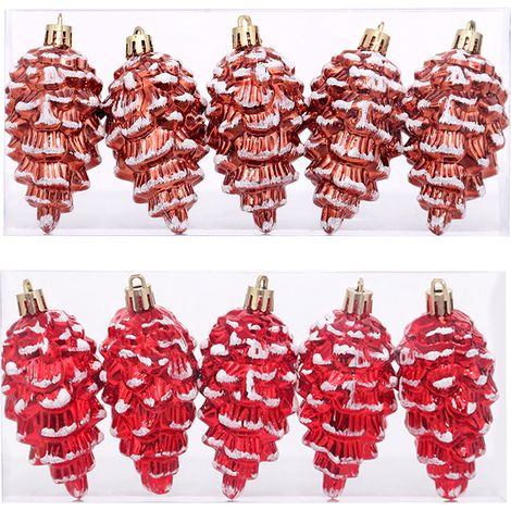 Lot de 10 décorations de Noël en forme de pommes de pin givrées, incassables, en plastique, à suspendre, 2 couleurs, pour sapin de Noël (1/5)