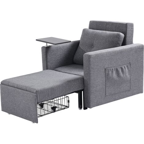 Canapé-lit convertible avec poche latérale, oreiller, accoudoirs et plateau, dossier 5 positions, clic-clac une place sur roulettes avec rangement inférieur, gris (1/5)