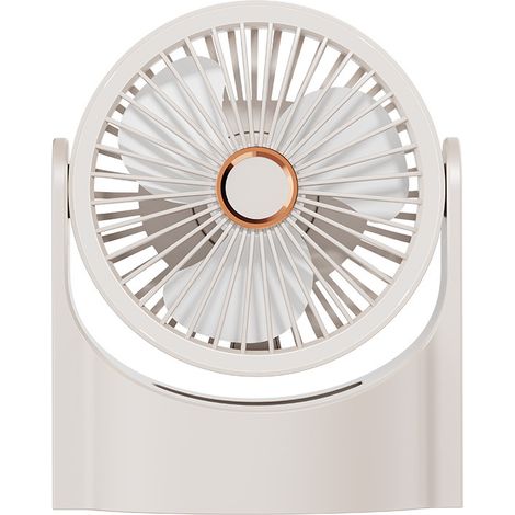 Ventilador de escritorio USB giratorio de 180° con luz LED, diseño portátil para colgar, funcionamiento silencioso para el hogar y la oficina, color beige. (1/5)