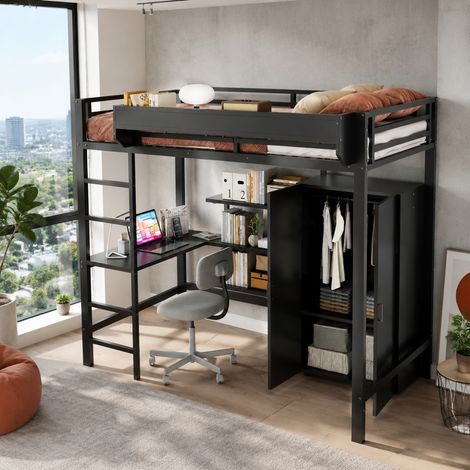 Cama litera (205x95x180 cm), con escritorio y armario, con espacio de almacenaje, metal y madera, negra (1/5)