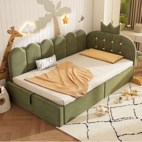 Cama infantil tapizada con almacenaje y corona verde HAVRYA (1/5)