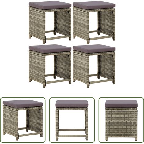 Repose-pied extérieur - Tabourets de jardin lot de 4 avec coussins Résine tressée Gris (1/5)