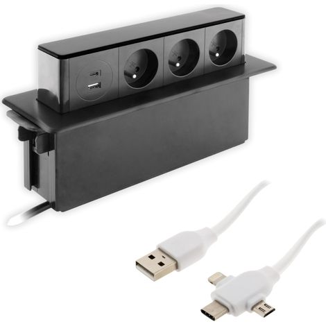 Otio – Multiprise encastrable 16A avec 3 prises + 2 ports USB Quick Charge – Finition inox noir brossé – Installation facile et rapide