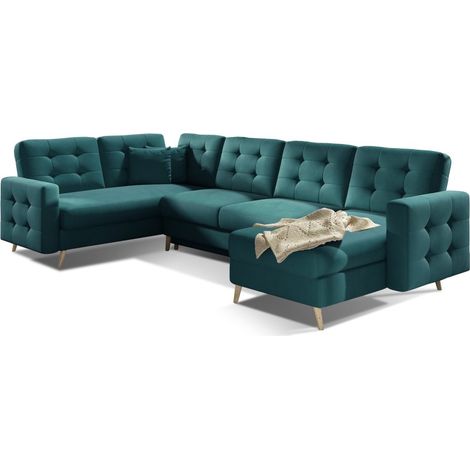 Canapé d'angle panoramique convertible U HASGARD 326 cm vert velours avec coffre