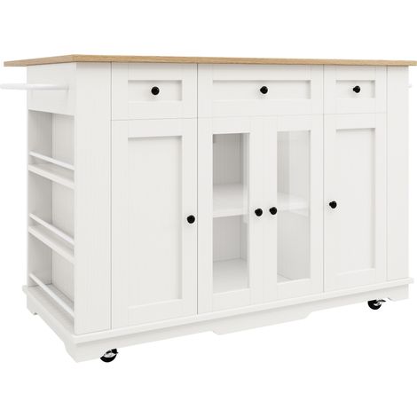 Îlot de cuisine blanc et naturel avec plateau effet bois, verre trempé et rangements (1/5)
