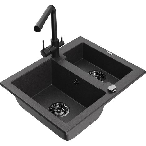 Mexen Carlos fregadero de granito de 1,5 senos con grifo de cocina Duero, negro moteado - 6518-76-671600-70-B (1/5)