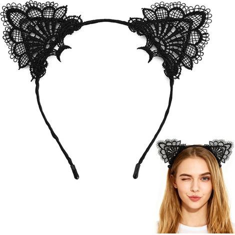 Cerchietto nero in pizzo con orecchie da gatto, affascinante accessorio cosplay per donne e ragazze, ideale per feste, carnevale e compleanni. (1/5)