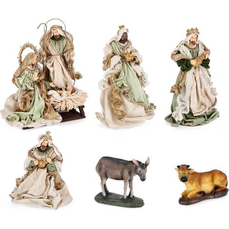 Natività con 3 Re magi asino e bue con vestiti in tessuto statue per presepe (1/4)