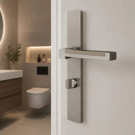 Ouvre&Déco - 2 poignées de porte ZOE en zamak chrome brillant – Entraxe 195 mm – Condamnation WC / salle de bains – Ressort de rappel (1/5)