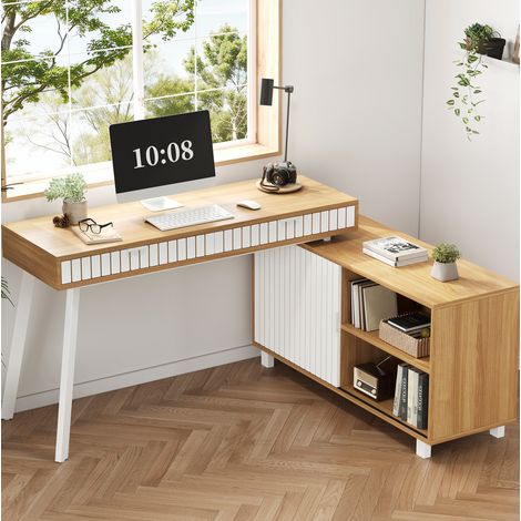 Eckschreibtisch mit 2 Schubladen und 1 Schrank, natur und weiß, 140x120x76,5 cm (1/5)