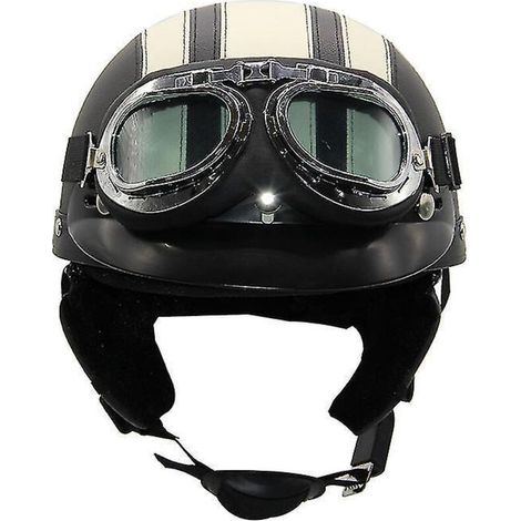 Casque de moto d'été léger en cuir style rétro Harley, avec lunettes de protection, demi-casque tendance, pour véhicules électriques, noir et jaune clair (1/3)