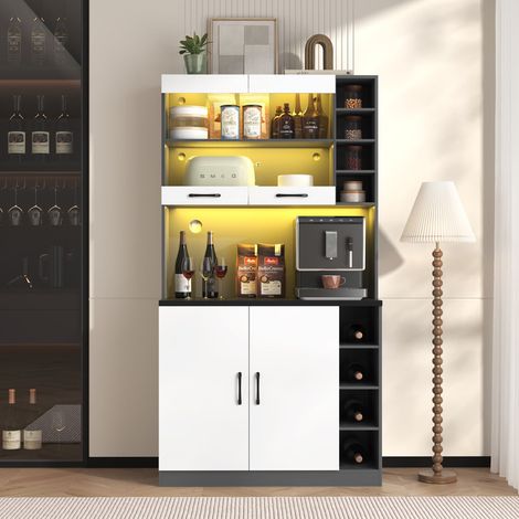 Buffet de cuisine 100 x 47 x 187 cm avec éclairage LED d'ambiance et passe-câbles, meuble haut en bois, grand espace pour micro-ondes, étagères latérales réglables en hauteur