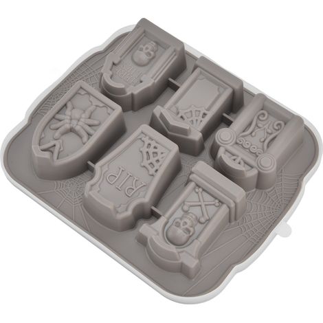 Graue Silikon-Eiswürfelform mit 6 Mulden, gruseliges Grabstein-Design, leicht zu reinigen, Halloween-Kuchenform (1/5)