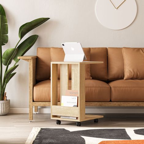 Decortie Edi Table d'appoint moderne en forme de C Mobile fonctionnel avec compartiment ouvert Chêne H60cm (1/3)