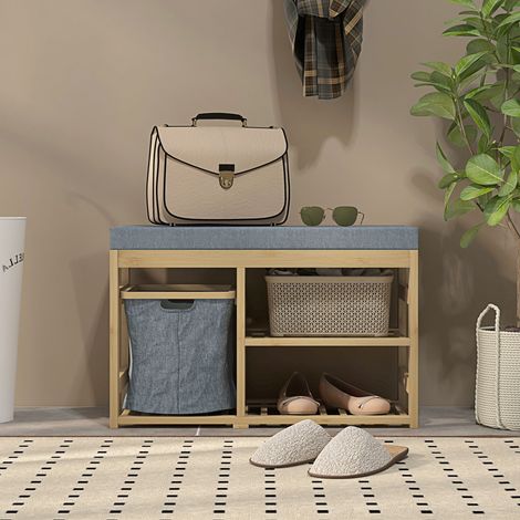 Scarpiera con seduta, cestino removibile e ripiani a giorno per 4 paia di scarpe, 69x30x45 cm, colore naturale.