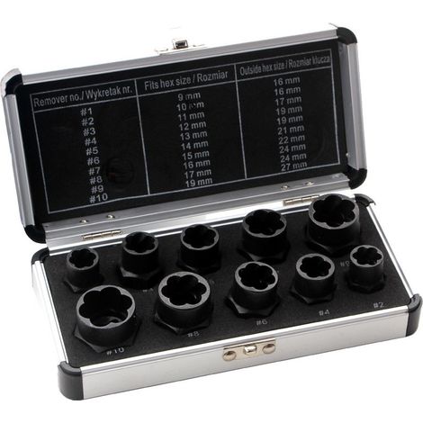 Jeu de douilles spiralées/extracteur de vis 10 mm (3/8") profil hélicoïdal 9-19 mm 10 pièces (1/4)