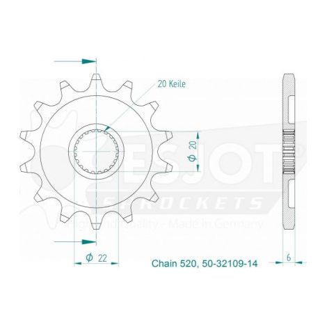 Pignon TT Yamaha - 520 - 14 Dents - Similaire JTF1590 - Made in Germany