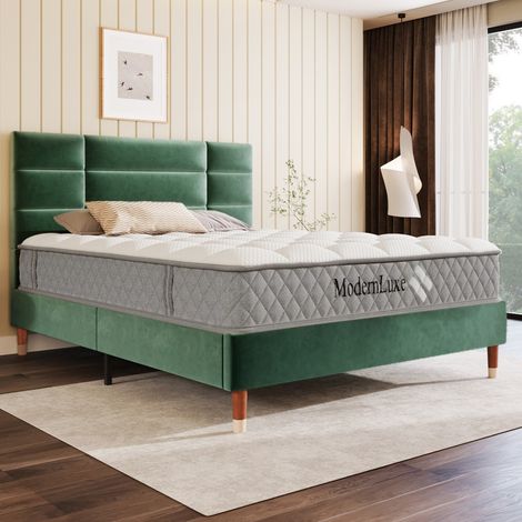 Lit double 140x200 rembourré velours vert, tête de lit et sommier inclus - Pour adultes et adolescents (avec matelas) (1/5)