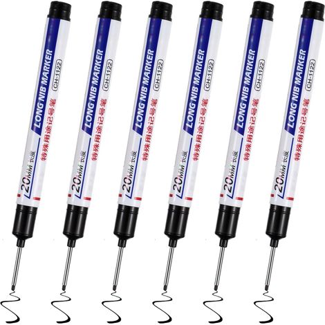 Lot de 6 marqueurs à trous profonds, 20 mm, pointe extra longue, en plastique, pour bois, plastique, mur, métal, carton, chantier, noir (1/5)