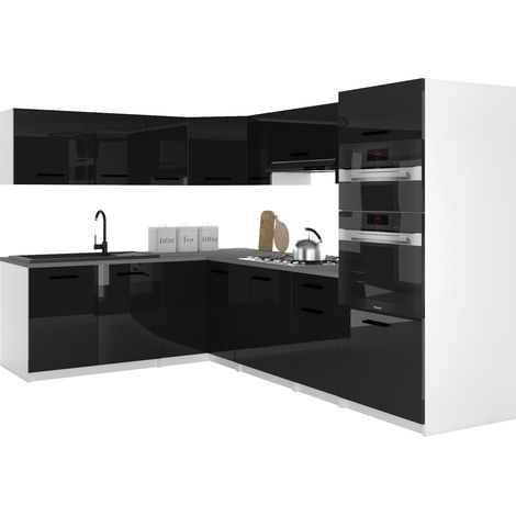 Belini ITALIA 8 Küche Ausgestattet Modular Komplett - 420 cm. Ober- und Unterschränke mit Arbeitsplatte, Schwarz Hochglanz (1/5)