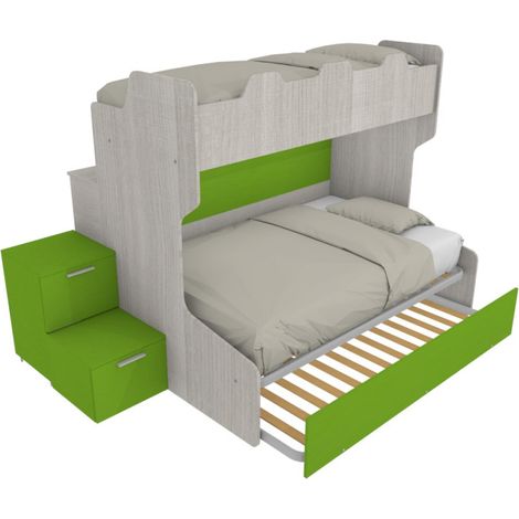 Letto a castello con gradini a cassetti e passerella - Una piazza e mezza e singola - Rovere rock e Verde mela