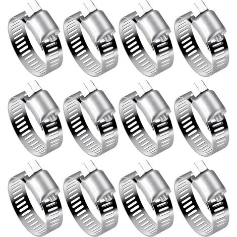 Set mit 12 verstellbaren (16-25 mm) Schlauchschellen aus Edelstahl 304 für Wasserleitungen, Benzintanks und Kfz-Schläuche (1/4)