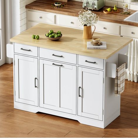 REDOM - Isola da cucina 120x45(70)x87 cm, piano ribaltabile, vani portaoggetti e scomparto per rifiuti, MDF naturale bianco (1/5)
