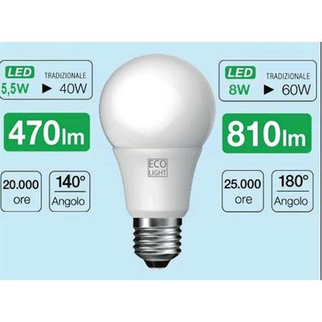 Lampadine led ecolight sfera e27 8  watt luce calda  Conf. 10 Pz