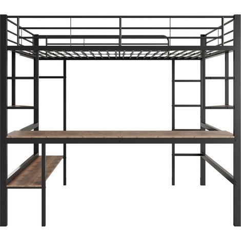 Letto a soppalco in metallo 90 x 200 cm con scrivania, scaffali e libreria, nero (1/5)