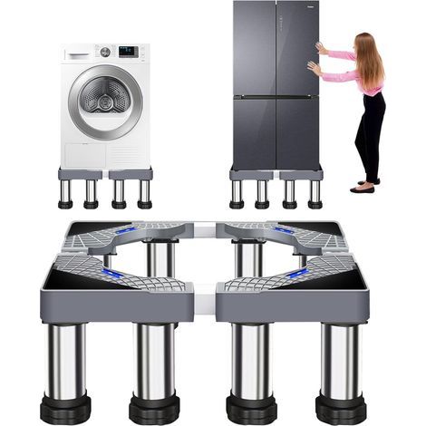Support machine à laver réglable 40-60 cm – 8 pieds en acier inoxydable – Hauteur 18-21 cm – Pour réfrigérateur, sèche-linge, congélateur (1/5)