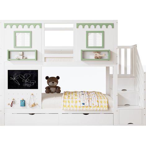 Litera infantil de madera de pino y MDF blanco y verde 90x200 cm con escalera de almacenaje y 2 cajones (1/5)