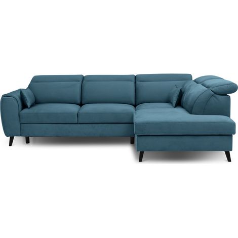 Canapé d’angle convertible NOBLESSE en tissu avec coffre et pieds en bois noir – 265cm angle droit-Bleu canard-angle droit (1/5)