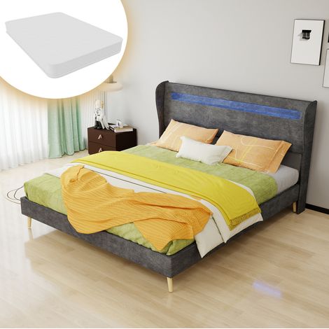 Cama tapizada LED (160x200 cm), iluminación LED regulable, respaldo ajustable, tejido y metal gris (1/5)