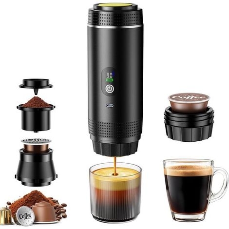 Mini cafetera，Cafetera espresso de viaje 3 en 1，Funciona con pilas y USB，Para cápsulas y café molido，Gadget para camping y coche，Negro，1 unidad (1/5)
