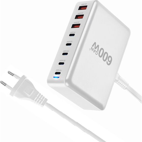 Chargeur de bureau 600 W — GaN PD 3.1 — Chargeur multifonction — 3x USB / 5x Type-C — Blanc (1/3)