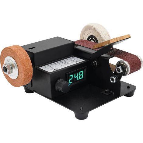 350W Mini Bandschleifer mit 10 Schleifbänder Elektrischer Schleifer 10.000 U/min Stufenlose Steuerung LCD-Anzeige Stand-Band-Tellerschleifer für Metall, Aluminium, Holz und Kunststoff