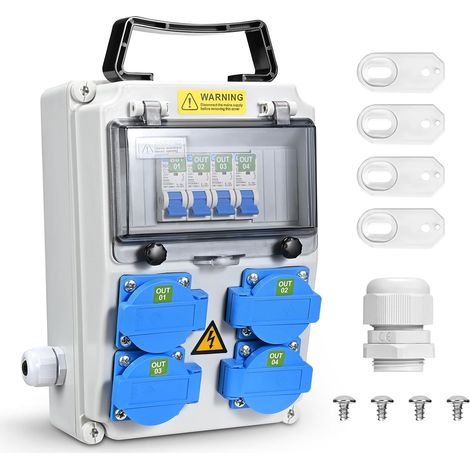 Coffret Électrique de Chantier 4×230 V, IP54 16A Coffret Chantier Répartiteur Mural avec Disjoncteur, Distributeur de Puissance pour Ateliers, Chantiers et Usines (1/5)