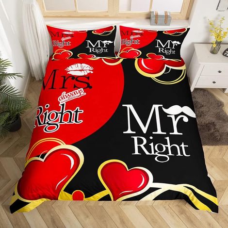 Mr Mrs Housse de Couette Couple Mariage Romantique Thème Parure de Lit 220x240cm Rouge Noir Creative Funny Quotes Parure Housse de Couette Moderne Chambre Décor Saint Valentin - 220x240cm (1/5)