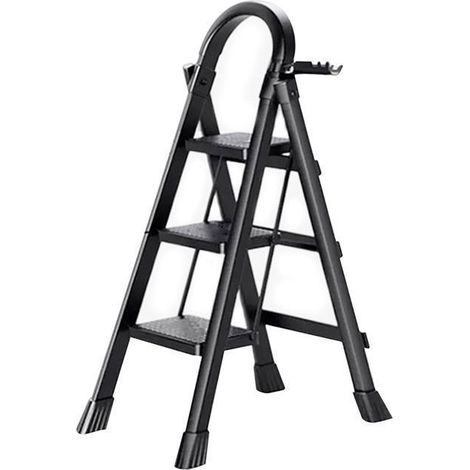 Seven Comfort-Escabeau 3 gradini-Pieghevole con Pedale Antiscivolo-Carico 150KG-Acero-Nero