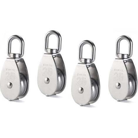 Bloc de poulie simple M25, rouleau de poulie en acier inoxydable 304, crochet pivotant de grue, câble métallique lisse, charge 331 lb/150 kg, 4 pièces (1/3)