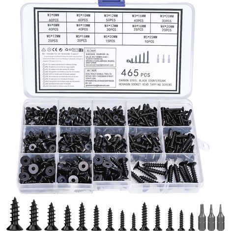 465 Pcs M3 M4 M5 Vis Autoforeuse Metal, Vis Autotaraudeuses Auto-foreuses, Visser à Bois, Visser à Six Pans Creux à Tête Plate à Tôle à Tête Fraisée Autotaraudeses, avec 3 Embouts (1/5)
